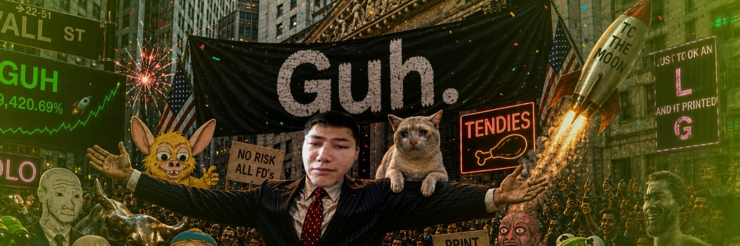GUH banner — the man, the cat, Wall Street, the moon